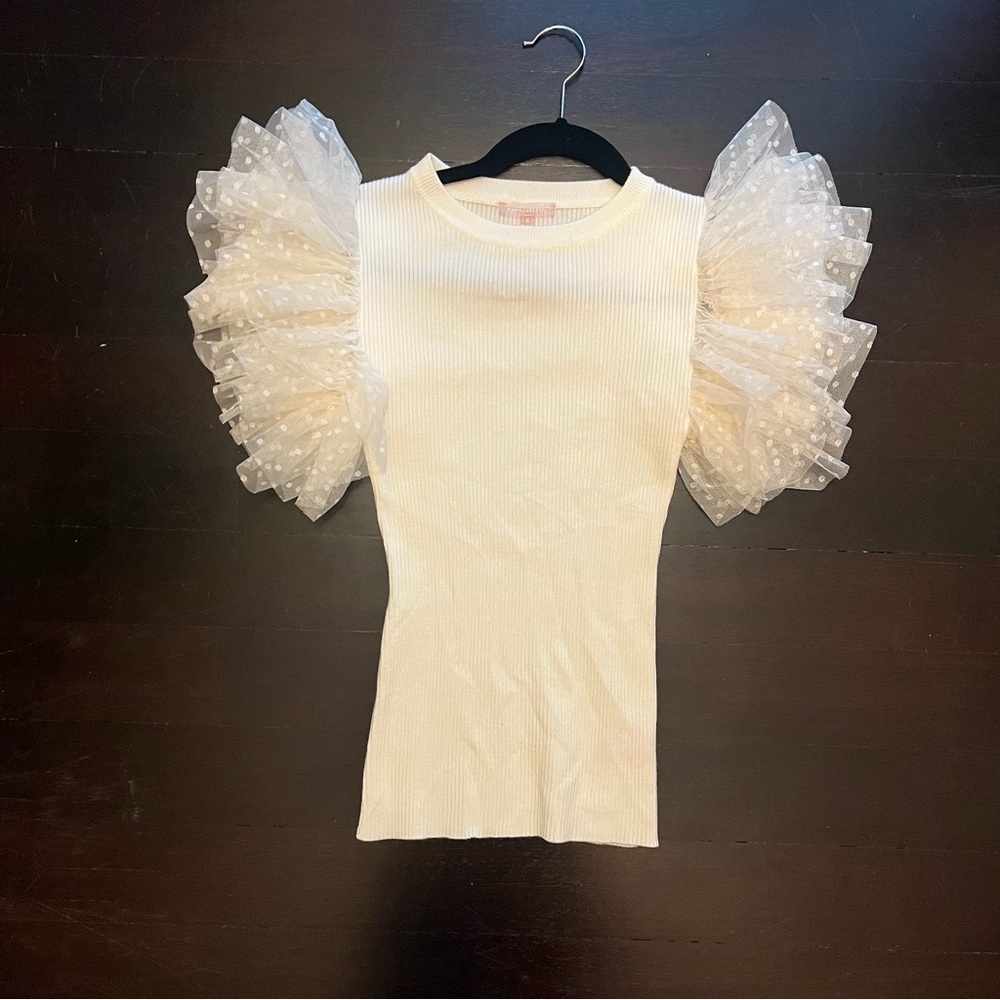 Love Colette IVORY MESH POLKA SLEEVE DETAIL RIBBED BLOUSE